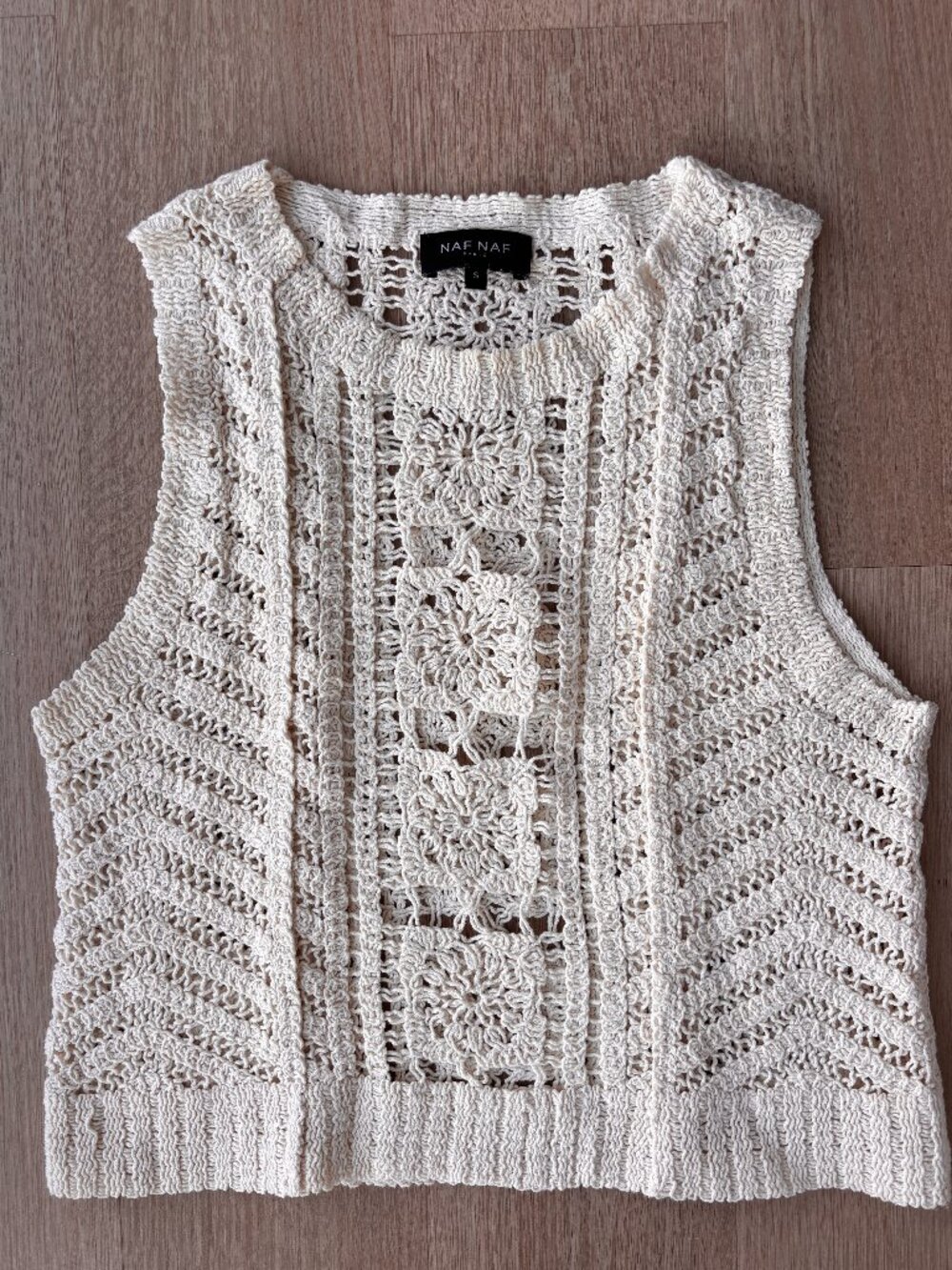 NAF NAF Ivory Crochet Open Knit Vest Size S Boho